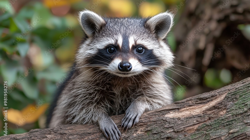 A curious raccoon rests on a tree branch, surrounded by vibrant autumn foliage in a lush forest during the afternoon hours A curious raccoon rests on a tree branch, surrounded by vibrant autumn foliage in a lush forest during the afternoon hours
