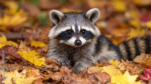 A playful raccoon explores colorful autumn leaves in a forest during a sunny afternoon