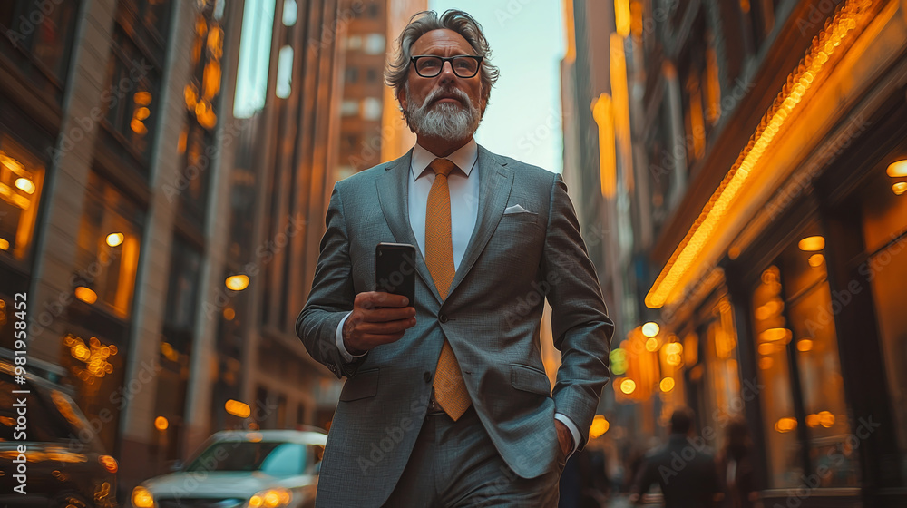 A businessman in a suit walks down a city street, looking at his phone. A businessman in a suit walks down a city street, looking at his phone.