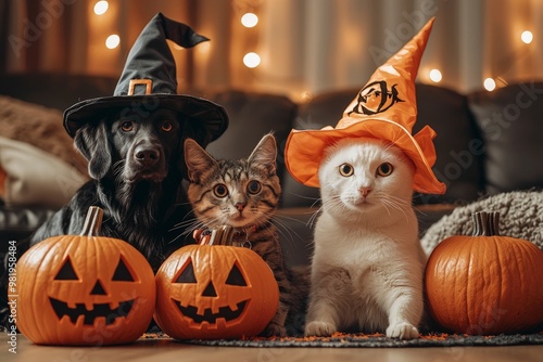 cat and dog on background of Halloween decorations and  pumpkins. autumn vibe fills the festive home, traditional holiday celebration photo