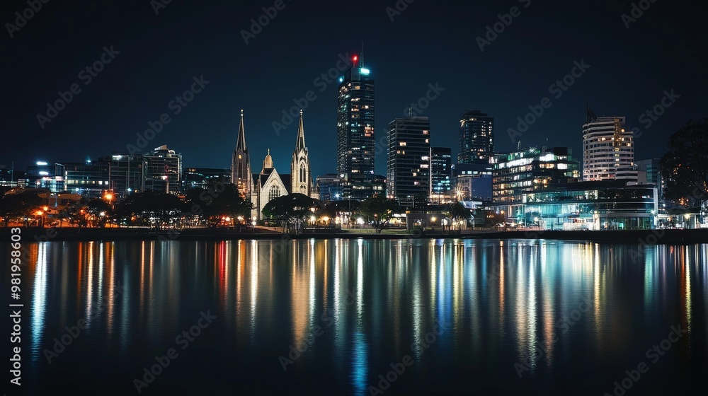 Obraz premium Iglesia y rascacielos reflejados en el agua bajo un cielo nocturno en el Día de Todos los Santos. La imagen combina la serenidad de la espiritualidad con la vitalidad de la vida urbana moderna.