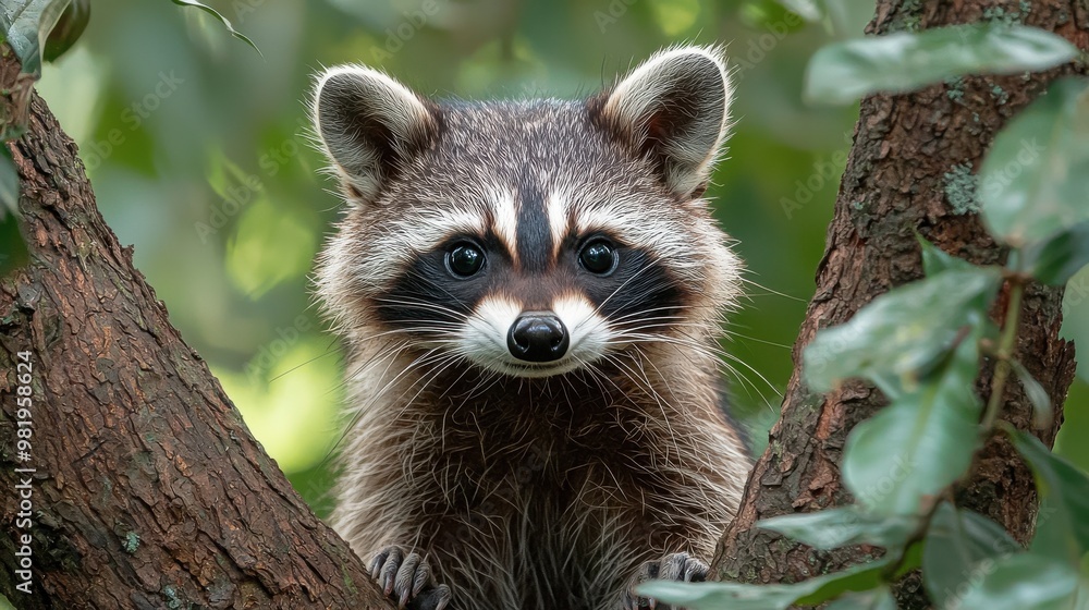A curious raccoon peering from a tree branch in a lush forest setting during the day A curious raccoon peering from a tree branch in a lush forest setting during the day