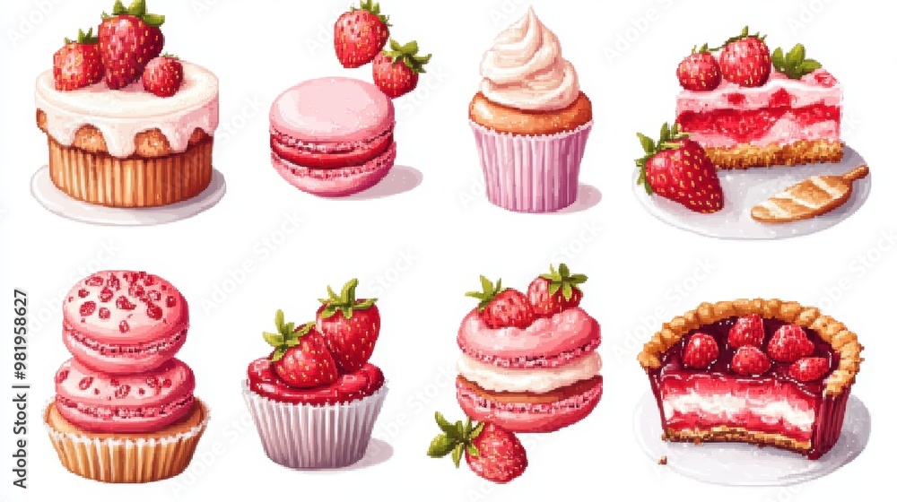 Vector illustration Cross stitch Sweet dessert set with strawberry cake,cupcake,macaroon,sweets pixel art set of icons,vintage, 8 bit, bakery menu,copy space. Vector illustration Cross stitch Sweet dessert set with strawberry cake,cupcake,macaroon,sweets pixel art set of icons,vintage, 8 bit, bakery menu,copy space.