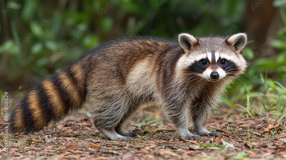 A curious raccoon exploring its natural habitat among greenery during daylight hours A curious raccoon exploring its natural habitat among greenery during daylight hours