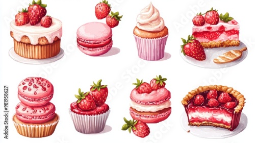 Vector illustration Cross stitch Sweet dessert set with strawberry cake,cupcake,macaroon,sweets pixel art set of icons,vintage, 8 bit, bakery menu,copy space.