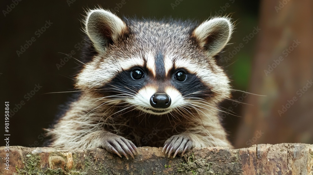 Raccoon curiously peering over a log in a forest during daylight, showcasing its distinctive facial markings and playful demeanor Raccoon curiously peering over a log in a forest during daylight, showcasing its distinctive facial markings and playful demeanor