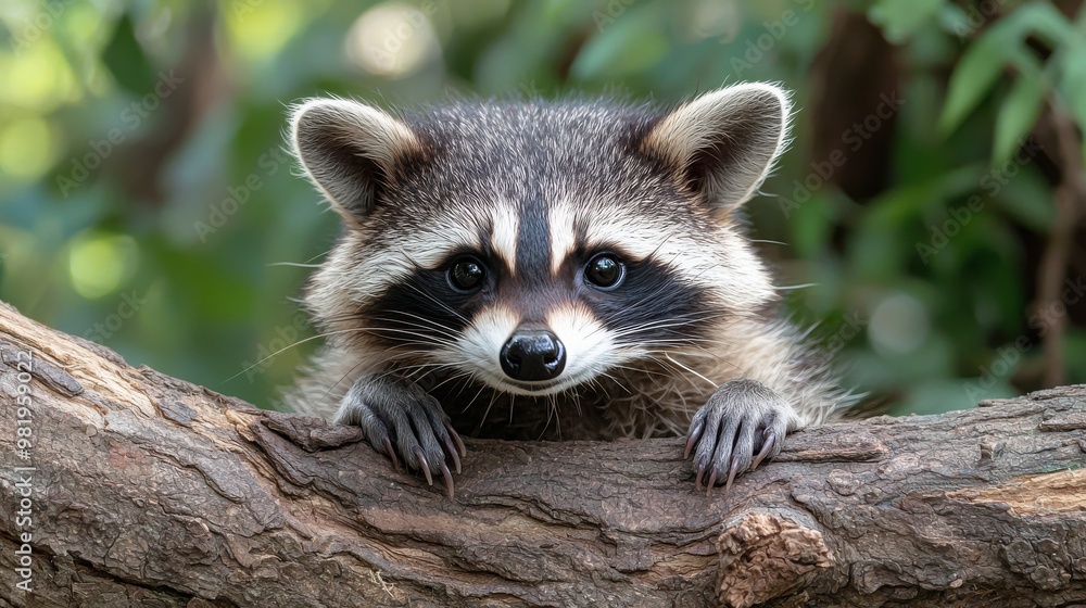 Curious raccoon peering over a branch in a lush green forest during daylight hours Curious raccoon peering over a branch in a lush green forest during daylight hours