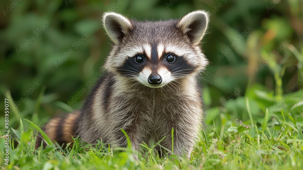 Young raccoon exploring a grassy meadow in a serene natural habitat during a sunny day Young raccoon exploring a grassy meadow in a serene natural habitat during a sunny day