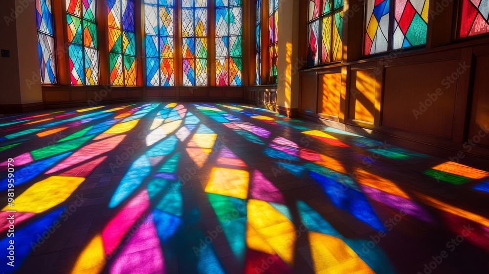 Rayos de luz multicolores iluminan el interior de una iglesia a través ...