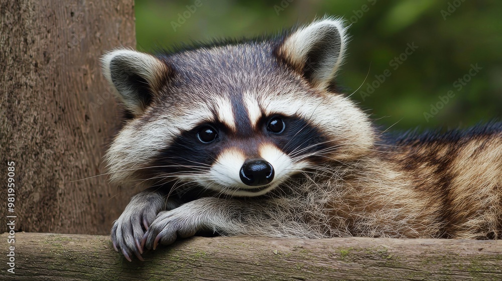 A curious raccoon resting on a wooden railing in a lush green forest during the afternoon A curious raccoon resting on a wooden railing in a lush green forest during the afternoon