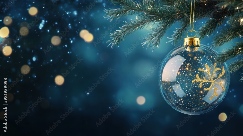 Christmas Tree In Ball Hanging Fir Branch With Golden Glittering On Blue Abstract Night Christmas Tree In Ball Hanging Fir Branch With Golden Glittering On Blue Abstract Night
