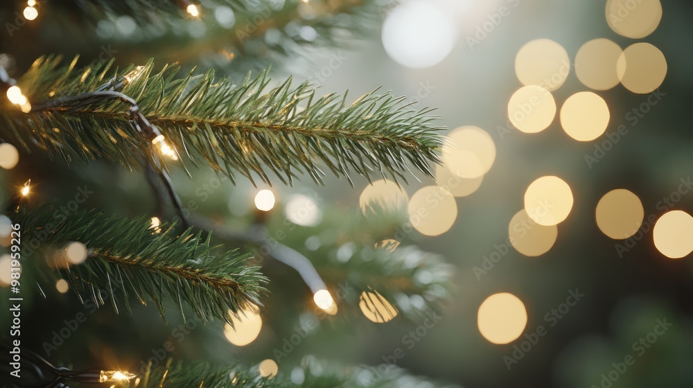 Close up of a christmas tree branch. Christmas lighting, decorations, blurry in background. AI generated Close up of a christmas tree branch. Christmas lighting, decorations, blurry in background. AI generated