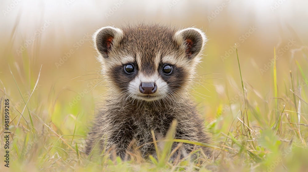 A young raccoon kit sits in a grassy field during a sunny afternoon, exploring its surroundings with curiosity A young raccoon kit sits in a grassy field during a sunny afternoon, exploring its surroundings with curiosity