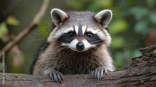 Raccoon curiously peering over a fallen log in a vibrant forest during the day