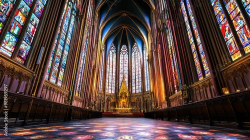 Gran interior de un impresionante catedral gótica decorada con vitrales coloridos en el Día de Todos los Santos. La luz que atraviesa los cristales llena el lugar de colores vibrantes, creando una atm photo