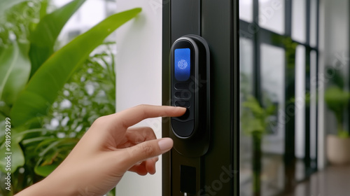 A hand using fingerprint scanner for smart digital door lock