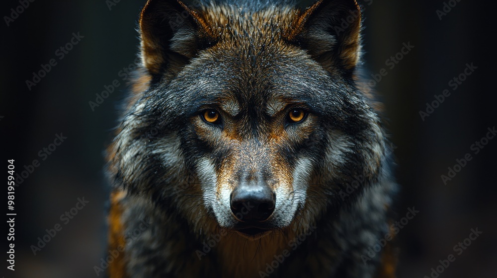 A close-up of a majestic wolf in a forest setting during twilight, showcasing its intense gaze and detailed fur texture A close-up of a majestic wolf in a forest setting during twilight, showcasing its intense gaze and detailed fur texture