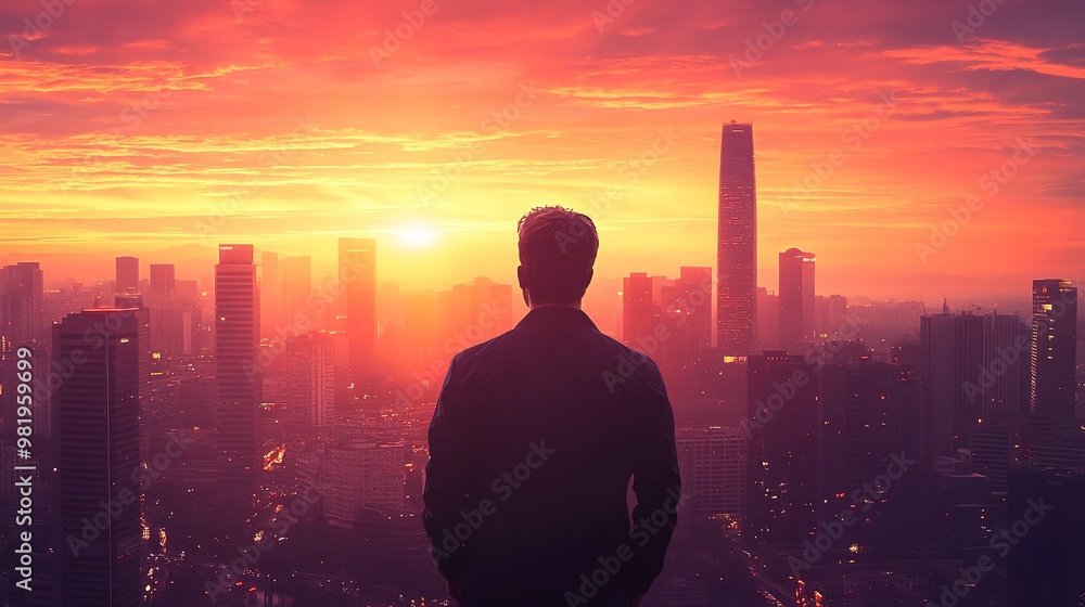 Generate a photo of a man looking out at a city skyline at sunset Generate a photo of a man looking out at a city skyline at sunset
