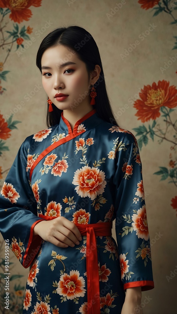 Woman in a traditional Chinese dress with a flowery pattern. Woman in a traditional Chinese dress with a flowery pattern.