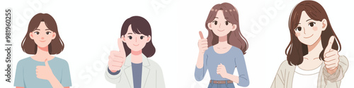  vector set of women expressing their thumbs up with a flat design style, simple and minimalist white background