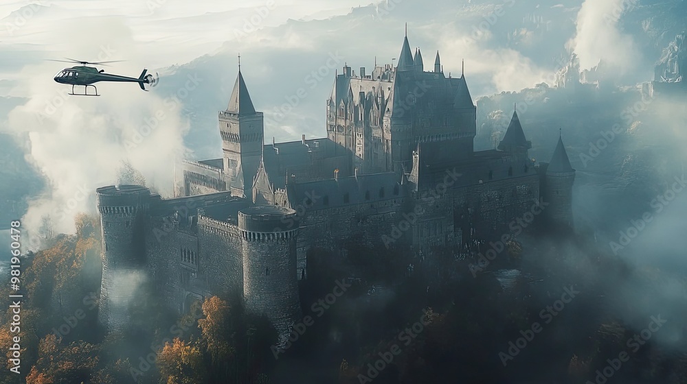 An aerial view of a grand castle engulfed in fog, with a helicopter flying overhead. An aerial view of a grand castle engulfed in fog, with a helicopter flying overhead.