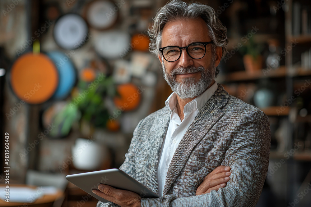 Smiling mature man in a blazer holds a tablet. Smiling mature man in a blazer holds a tablet.