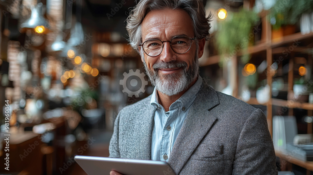 Smiling man in glasses holding tablet. Smiling man in glasses holding tablet.