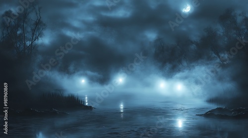 Mysterious Foggy Lake Under Moonlight with Glowing Lights