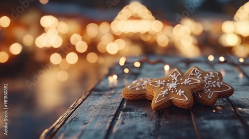 Wallpaper Mural Gingerbread cookies on a wooden table against the background of the lights of the Christmas market. Design ai Torontodigital.ca