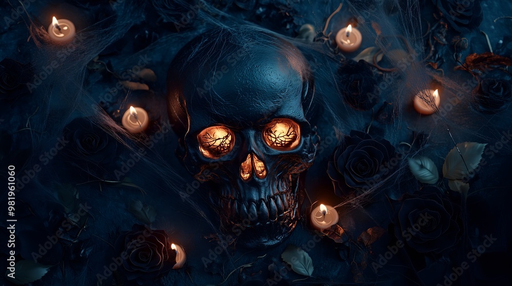 Dark Skull with Glowing Eyes and Black Roses in a Candlelit Gothic Scene Dark Skull with Glowing Eyes and Black Roses in a Candlelit Gothic Scene