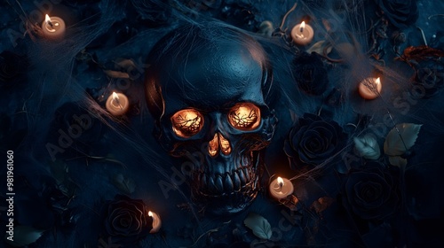 Dark Skull with Glowing Eyes and Black Roses in a Candlelit Gothic Scene 