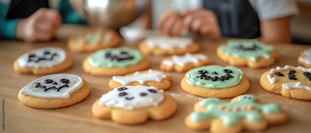 Kids baking Halloween cookies with spooky designs, closeup on fun shapes, creative kitchen activity, colorful and festive Kids baking Halloween cookies with spooky designs, closeup on fun shapes, creative kitchen activity, colorful and festive