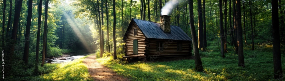 A charming log cabin nestled in a serene forest, illuminated by soft sunlight filtering through tall trees. A charming log cabin nestled in a serene forest, illuminated by soft sunlight filtering through tall trees.