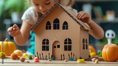 Kids building a spooky haunted house out of cardboard, creative Halloween craft activity, colorful materials, focus on teamwork and fun photo