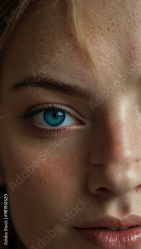 Woman with blue eyes looking intensely at the camera.