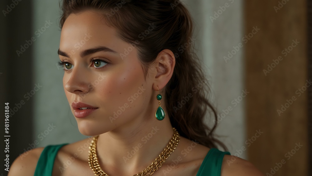 Woman with green earrings and a gold necklace. Woman with green earrings and a gold necklace.