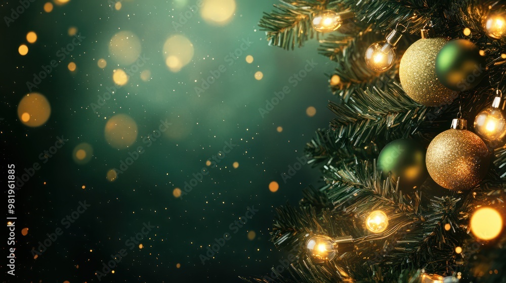 Green Christmas card with gold lights on abstract defocused dark background, top view Green Christmas card with gold lights on abstract defocused dark background, top view