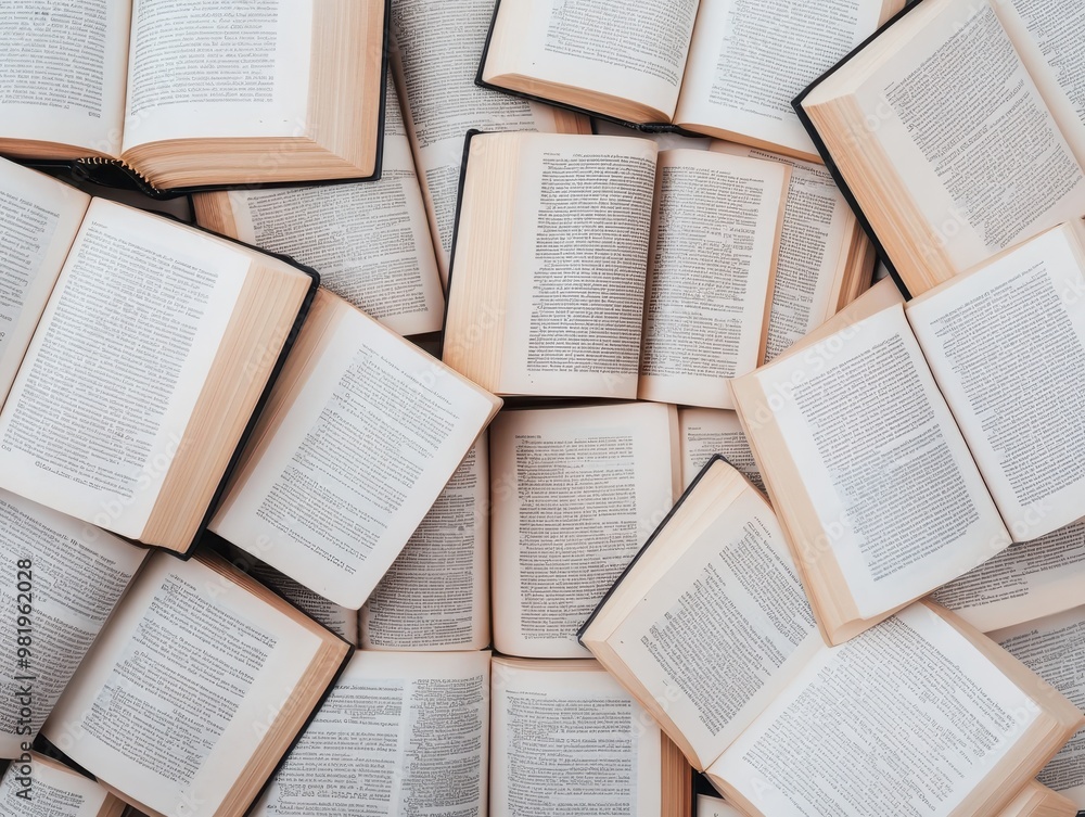 Fototapeta premium A collection of open books arranged in a dynamic layout, showcasing pages and text for educational and literary themes.