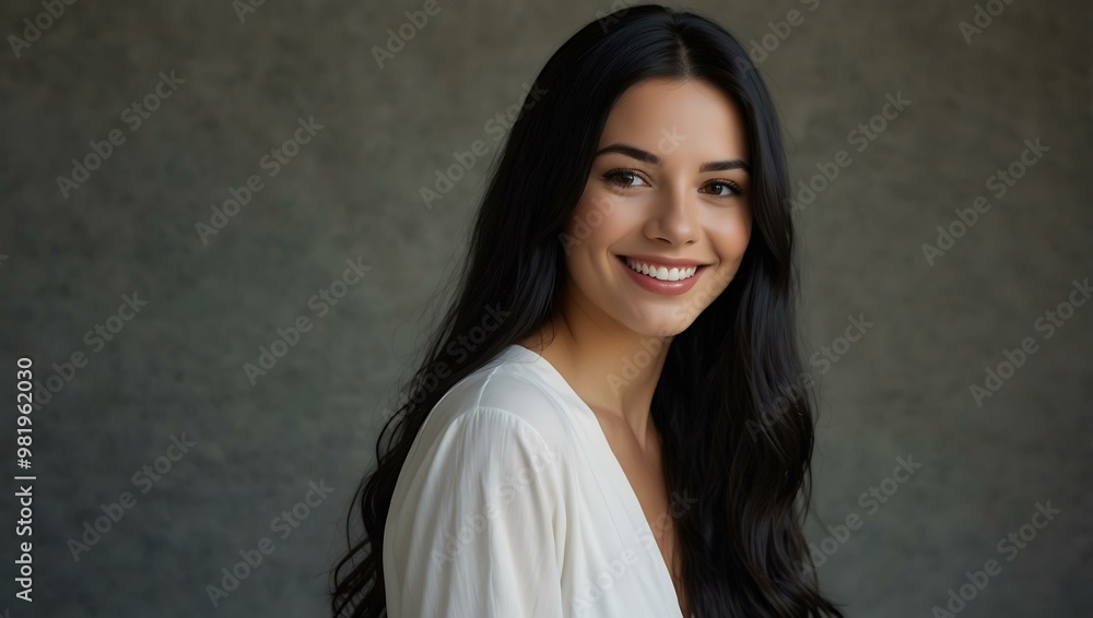 Woman with long black hair in a white dress, smiling. Woman with long black hair in a white dress, smiling.