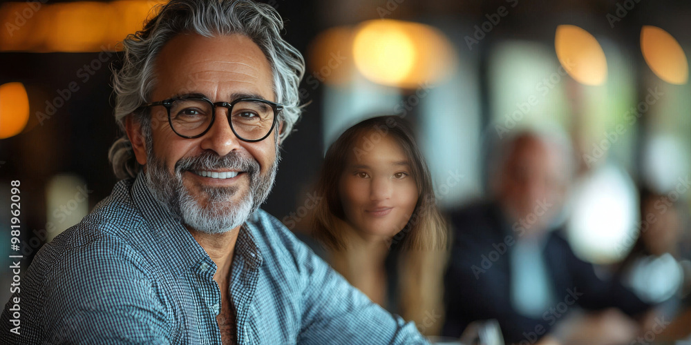 Smiling man in a cafe with friends in the background. Smiling man in a cafe with friends in the background.