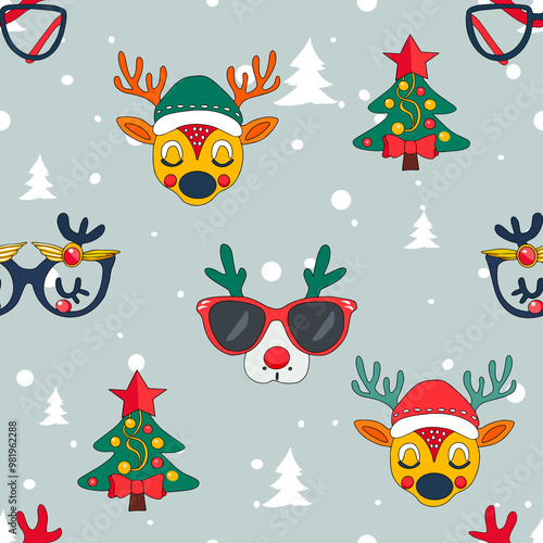 Festive Christmas pattern with reindeer, sunglasses, and holiday trees