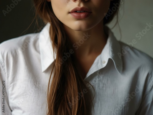 Woman with long hair and a white shirt.
