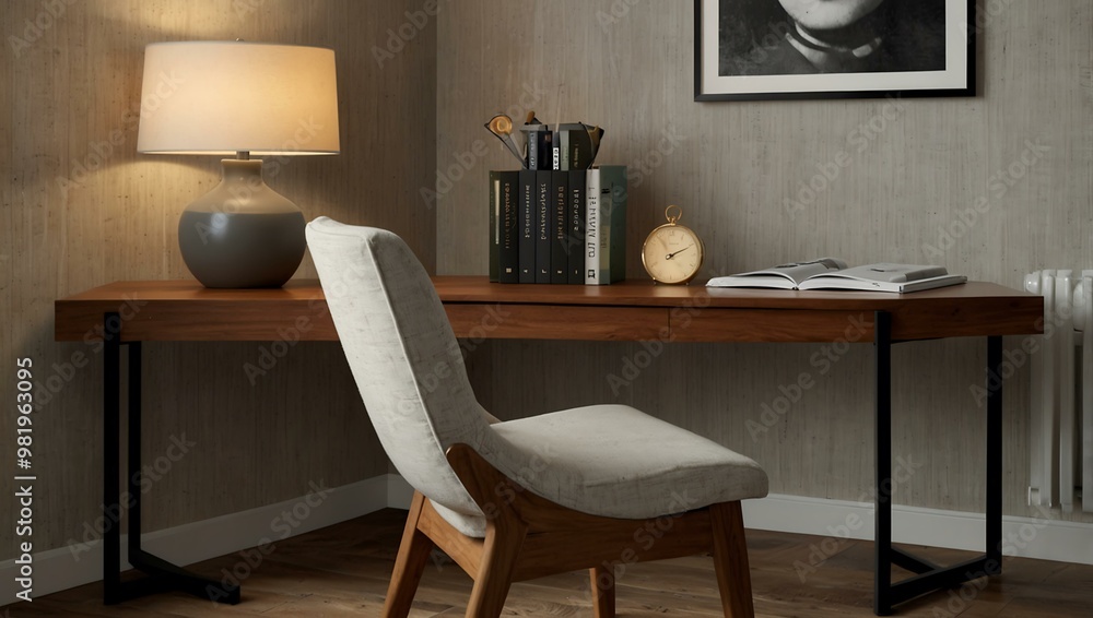 Wooden chair with modern lamp and clean decor for study area. Wooden chair with modern lamp and clean decor for study area.