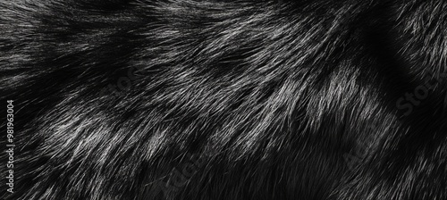 Close-up of Luxurious Black Realistic Fur Texture, Soft and Elegant Animal Hair Background