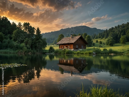 Wooden cottage in Serbia’s Tara with a meadow and serene lake.