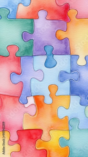 Watercolor of colorful jigsaw puzzles isolated on white background,Watercolor hand drawn illustrations,kid teamwork,cartoon style,Concept of autism awareness day, board children games.