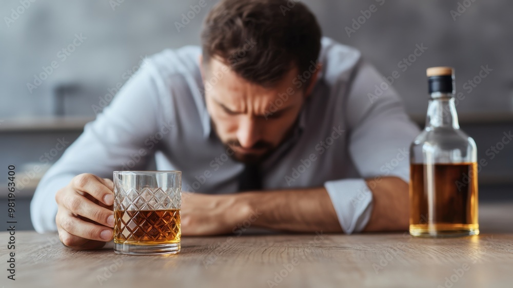 A distressed man contemplates life with a glass of whiskey in hand, reflecting on challenges accompanied by a bottle. A distressed man contemplates life with a glass of whiskey in hand, reflecting on challenges accompanied by a bottle.