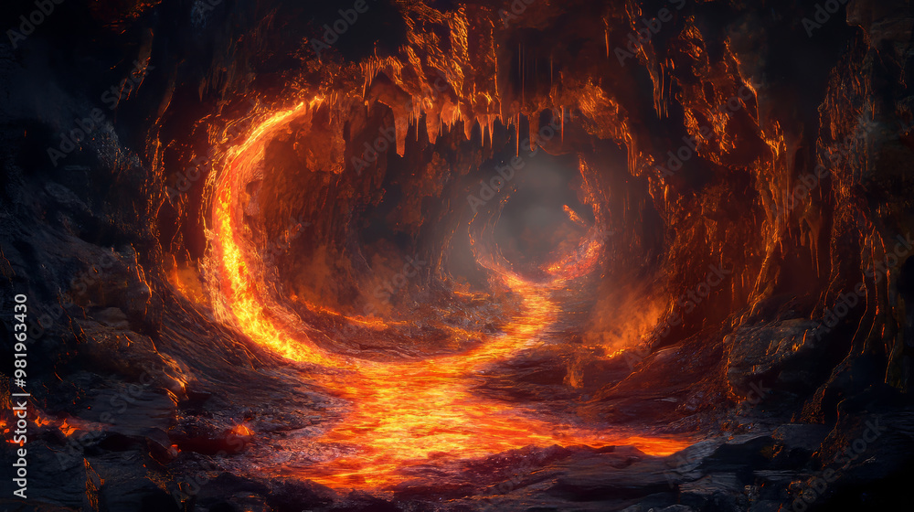 Visualize a stunning digital artwork depicting an underground molten lava cave. The cavern is expansive, with high, jagged ceilings that seem to disappear into darkness. The walls are illuminated. Visualize a stunning digital artwork depicting an underground molten lava cave. The cavern is expansive, with high, jagged ceilings that seem to disappear into darkness. The walls are illuminated.
