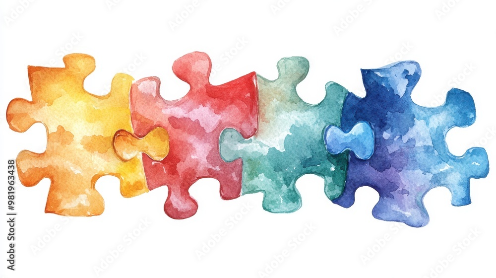 Obraz premium Watercolor of colorful jigsaw puzzles isolated on white background,Watercolor hand drawn illustrations,kid teamwork,cartoon style,Concept of autism awareness day, board children games.