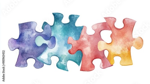 Watercolor of colorful jigsaw puzzles isolated on white background,Watercolor hand drawn illustrations,kid teamwork,cartoon style,Concept of autism awareness day, board children games.